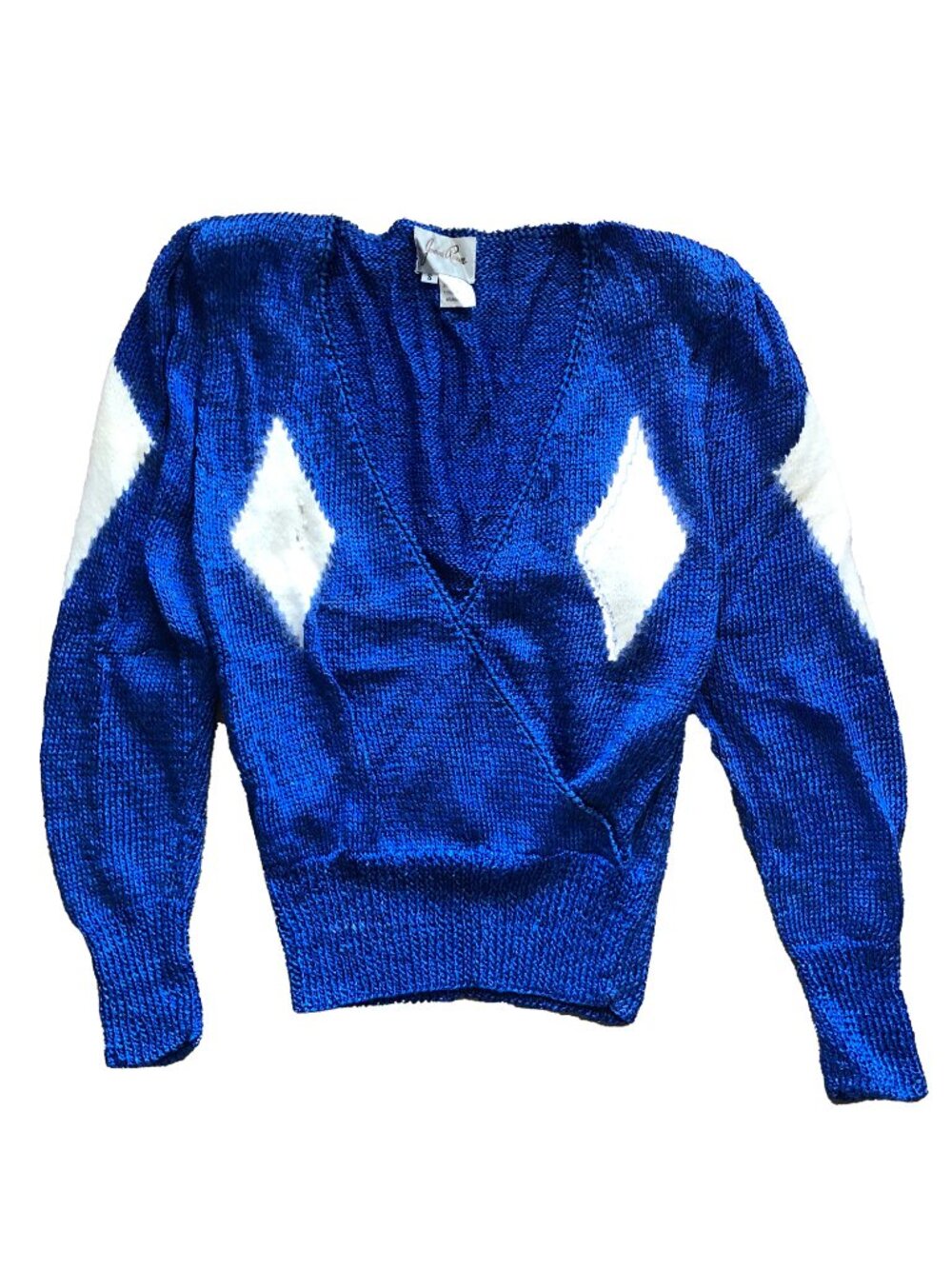 Vintage 80s Joani Rome Silk Metallic Cobalt Blue Argyle Wrap Sweater Sz Small